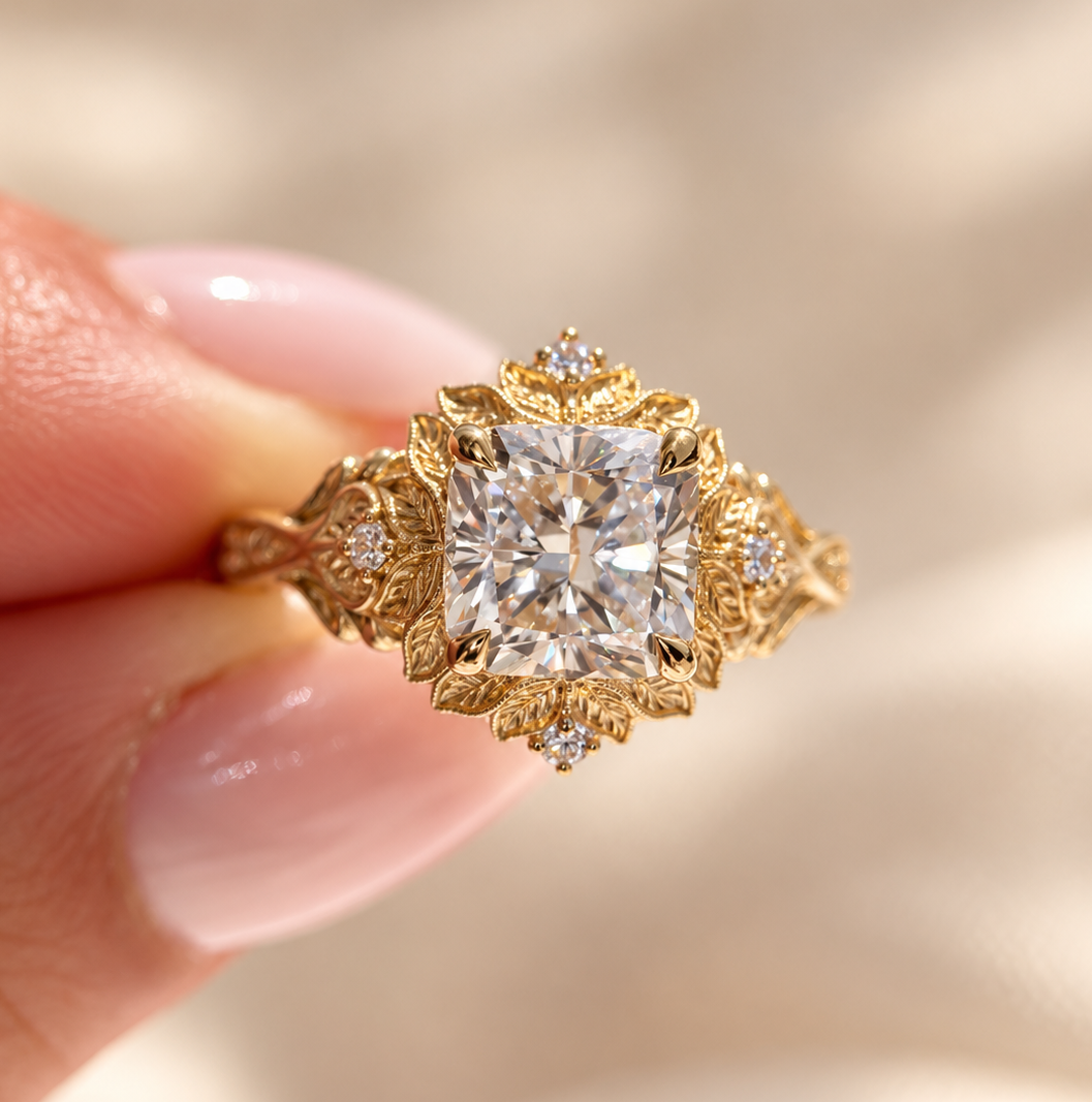 2.26 Carat Vintage Hand Carved Cushion Engagement Ring